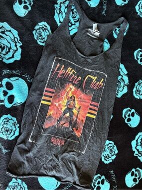 Netflix Black 'Hellfire Club' Graphic Racerback Tank with Red and Yellow Print